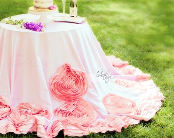 Rosette Tablecloth | Romantic Taffeta Satin Rose Tablecloth for Wedding Head Table Cake Table Bridal Baby Shower Girl’s Princess Birthday