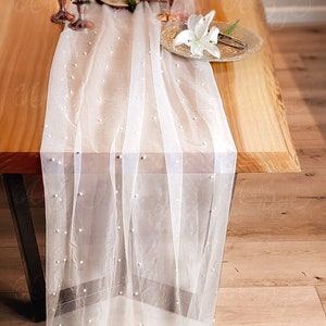 Sheer White Pearl embroidered Table Runner Table Overlay | Airy table decoration for bridal shower wedding reception birthday party baptism