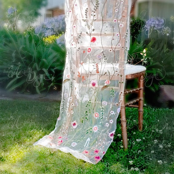 Floral embroidered Tulle Chair cover | Rustic style Chair Slipcover for Garden theme event decoration. Size for Chiavari or Folding chairs