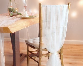Pearl embroidered Sheer White Tulle Drape Chair Sash for Romantic Bridal Chair Decoration. Bridal Shower Wedding Chairs Birthday Party Decor