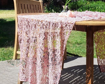 Shimmery Pink see-through lace table runner embroidered with sequin | Event table overlay. Reception Decoration for home, event and party