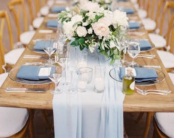 Silky Chic Chiffon Table Runner | Sheer Ice Blue Tablecloth Décor for Bridal Shower Bachelorette Party Baby Boy Shower Sweet 16 Birthday