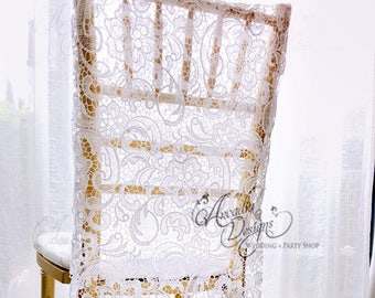 Natural White Guipure Lace Chair Slipcover | Swirls Crochet Lace Bridal Chiavari Chair Decor for Sweet Table Bridal Shower Engagement Party