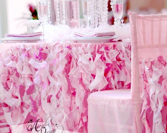 Pink Ruffle Tablecloth & Curly Willow Table Skirt MADE TO ORDER for Wedding Reception tables Sweetheart Cake Table Head Table Bridal Shower