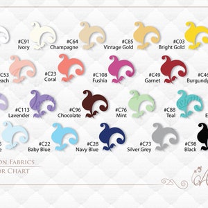 May include: Color chart for chiffon fabrics, showing 18 different colors with their corresponding hex codes. The colors include natural white, ivory, champagne, vintage gold, bright gold, hazelnut, baby pink, peach, coral, fushia, garnet, burgundy, lilac, lavender, chocolate, mint, teal, emerald, ice blue, baby blue, navy blue, silver grey, and black.