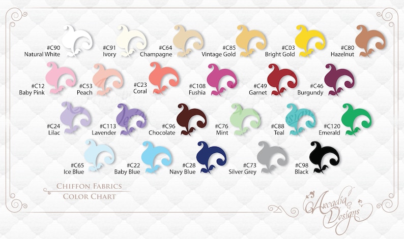 May include: Color chart for chiffon fabrics, showing 18 different colors with their corresponding hex codes. The colors include natural white, ivory, champagne, vintage gold, bright gold, hazelnut, baby pink, peach, coral, fushia, garnet, burgundy, lilac, lavender, chocolate, mint, teal, emerald, ice blue, baby blue, navy blue, silver grey, and black.