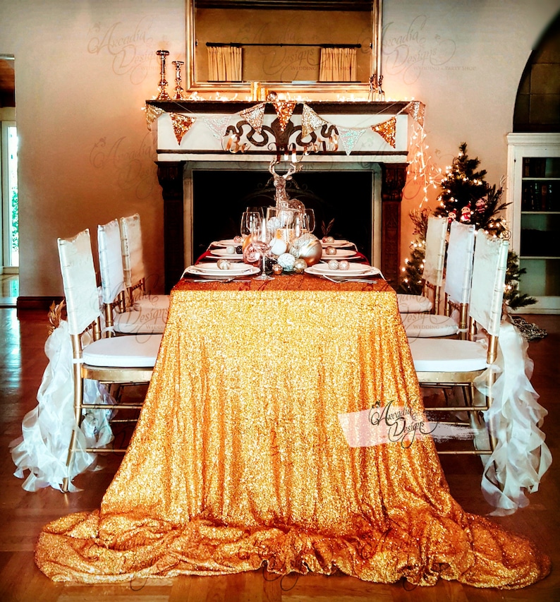 Holographic Bright Gold Sequin Table Cloth For 8ft Long Table Sparkly Sequined Table Overlay For Wedding Event Bridal Shower Decoration