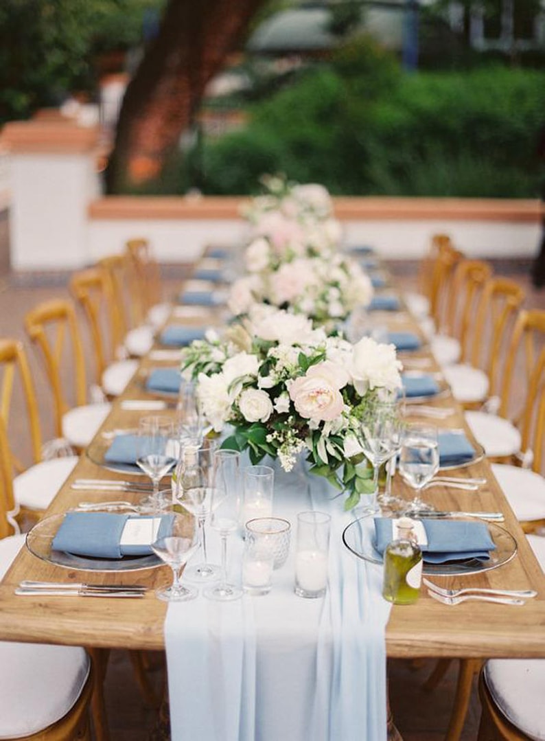 Silky Chic Chiffon Table Runner | Sheer Ice Blue Tablecloth Décor for Bridal Shower Bachelorette Party Baby Boy Shower Sweet 16 Birthday Ice Blue