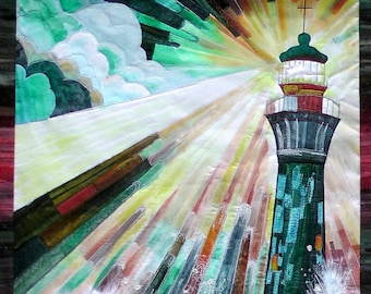 Original Art Lighthouse in a stormy sea. Lightness in the dark. dramatic art