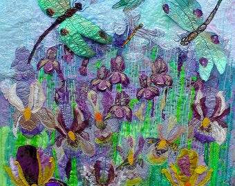 Original Art Iridescent dragonflies and gorgeous irises