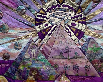 Pyramids of Giza. Eygptian art., textile wall hanging.