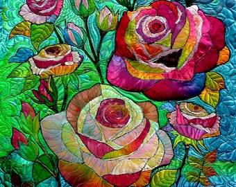 Original Art Roses. Colourful roses. Art Quilt