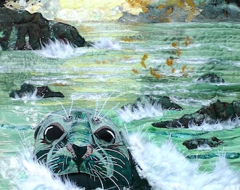 Original Art. Seal in crashing waves. Textile art