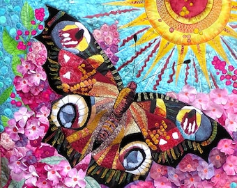 Original Art Peacock Butterfly on Buddleia bush. Large butterfly wall decor.