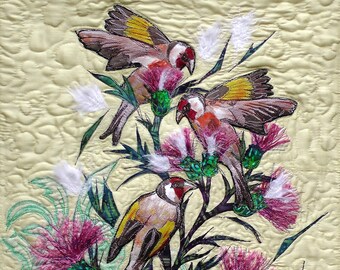 Original Art Goldfinches and Thistles. Textile Wall Hanging.