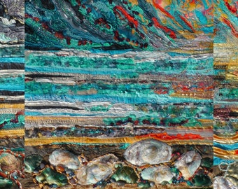 Original Art Triptych Sunset textile