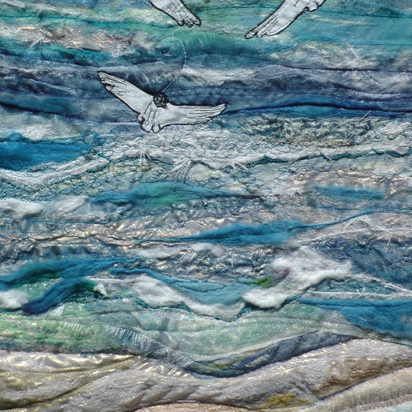 Whitsun at Whitesands. Seascape. seagulls. Wall hanging. Blue.Embroidery. Textile art. Pembrokeshire. Holiday. Gift.