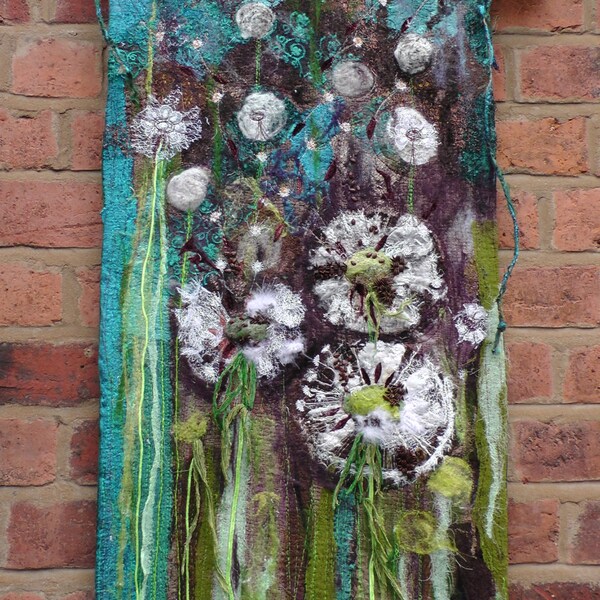 Dandelions. textile wall hanging. Fibre Art. Seeds. Turquoise. Brown..Home.Gift Textile Quilted Embroidered Wildflower Home Decor