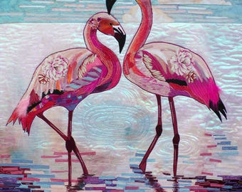 Original Art Pink Flamingos. Pretty Flamingo textile art