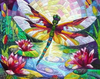 Textile Art Dragonfly & Water Lilies, Original Framed Fabric Painting