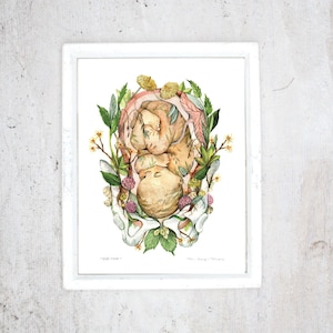 Estampado floral bebé | Cartel anatómico del tablero del embarazo | Feto en flor | baby shower, nacimiento, partera, compañero, doula