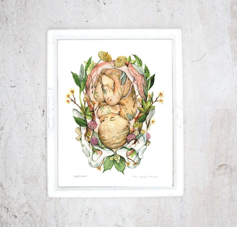 Print Blooming baby Poster Anatomical and Botanical painting Pregnancy Flowered Foetus Baby Shower, Child Birth, Doula, Midwife image 1