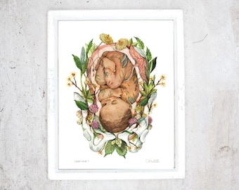 Print flowered baby | Poster Anatomical and Botanical painting Pregnancy | Flowering Foetus | Baby Shower, Birth, Herborist, Doula, Midwife