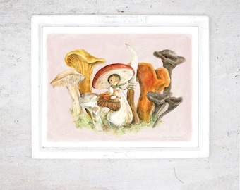 Print Lady Boletus| Illustration Art Giclee Print | Poster | Drawing Harvest foraging Mushroom | Kid room | Automn watercolor animal Quebec