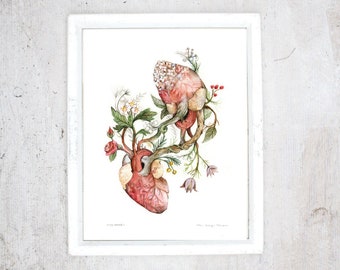 Print Beeing in love | Poster Anatomical and Botanical paintings, Print Flower plants | Blooming Hearts | Valentine Day, Wedding Gift