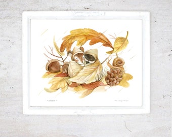 Print Fall | Illustration Art Giclee Print | Poster | Drawing Chipmunk and Chickadee Cocooning | Kid room | Automn watercolor animal Quebec