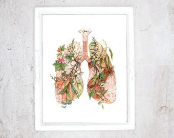 Blooming Lungs Poster | Medicinal Botanical Illustration | Anatomical Art | Healing Plants & Health Balance | Breathing art |  Recovery