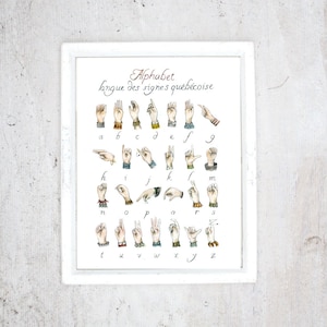 May include: A white framed poster with the title "Alphabet langue des signes québécoise" and illustrations of hand signs for the letters of the alphabet.
