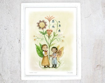 Print Flower children | Illustration Art Giclee Print | Poster kid Butterfly | Pixie Elf Fairies Leprechaun Vintage Illustration  | birthday