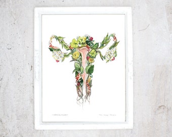 Print Uterus | Poster Ovaries, Vagina, Vulva, Flowers | Botanical paintings, Print medicinal plants Herbalism | Menstrual period | Pregnancy