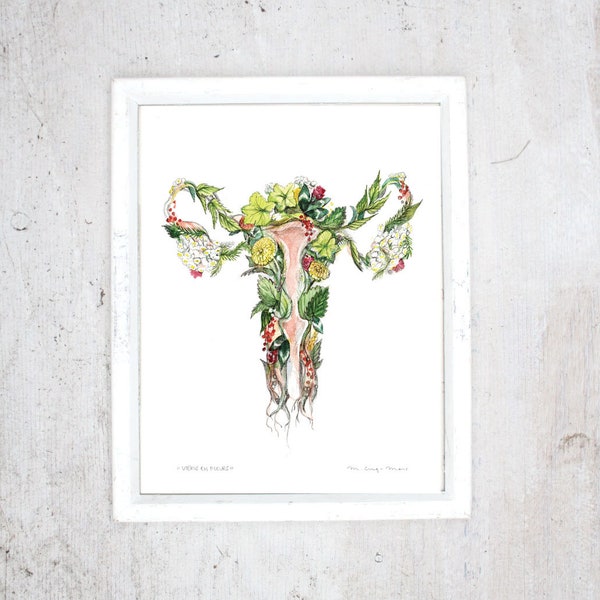 Gebärmutter Druck | Poster Botanische Tafel Heilpflanzen | Eierstöcke Vagina und Vulva in voller Blüte | Menstruation und Weiblichkeit