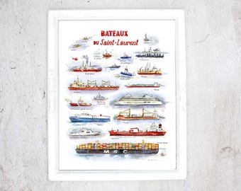 20 Boats of the St. Lawrence River | Nautical Illustration Poster | Quebec Maritime Wall Art | Educational Print | Cottage & Seaside Decor