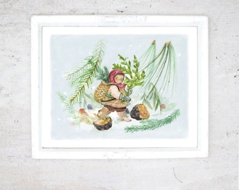 Print Foraging | Illustration Art Giclee Print | Poster child doing wild harvest forest | Christmas Holidays children