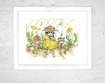 Print Gardening | Illustration Art Giclee Print | Watercolor Garden Racoon family | Kid room | Spring Poster |  Breasfeeding illustration