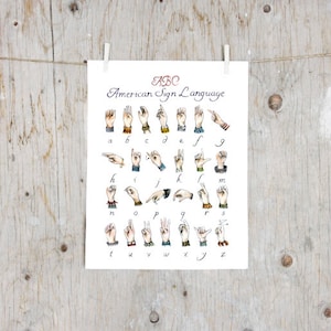 May include: A white poster with the title "ABC American Sign Language" and illustrations of hand signs for each letter of the alphabet.