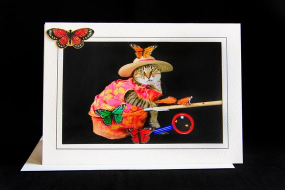 Butterfly Catcher Cat Card-cat in Butterfly Net-all Occasion