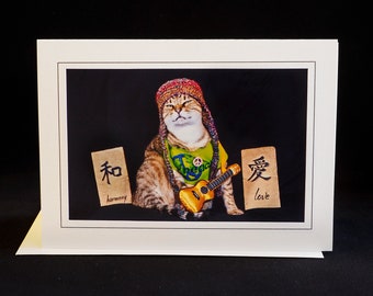 Hippie Cat Card-Cat Dressed as Hippie-All Occasion Greeting Card for Cat Lovers