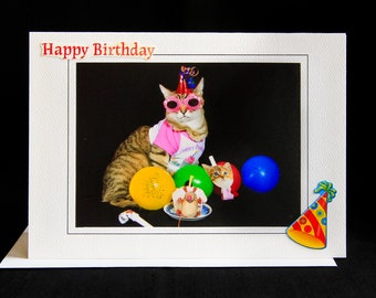 Carte de chat d’anniversaire-chat avec ballons-carte de vœux d’occasion spéciale pour les amoureux des chats