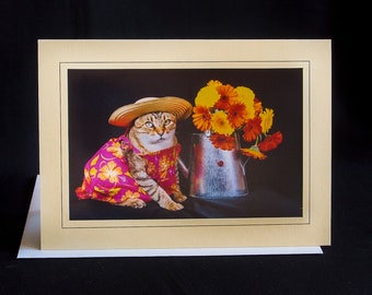 Summer Cat Card-Cat With Daisies-All Occasion Greeting Card for Cat Lovers