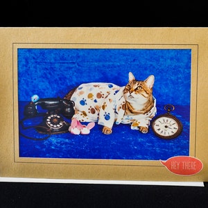 Chat en pyjama carte-chat en attente d'appel téléphonique-toute occasion carte de vœux vierge pour les amoureux des chats