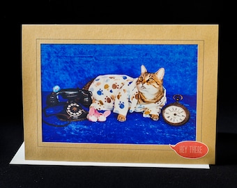 Chat en pyjama carte-chat en attente d'appel téléphonique-toute occasion carte de vœux vierge pour les amoureux des chats