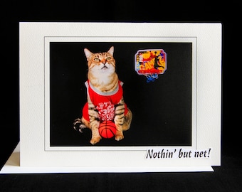 Carte de chat de basket-ball - Chat de sport portant un uniforme de basket-ball - Carte de vœux pour les amoureux des chats