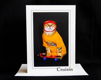 Cat on Skateboard Card-Cat Wearing Helmet-All Occasion Greeting Card for Cat Lovers