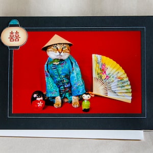 Carte de chat du nouvel an chinois-chat en kimono-carte de voeux de vacances pour les amoureux des chats