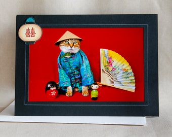 Carte de chat du nouvel an chinois-chat en kimono-carte de voeux de vacances pour les amoureux des chats