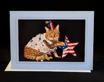 Quatrième juillet Carte de chat-chat avec carte de vœux de fête pour feux d’artifice pour les amoureux des chats